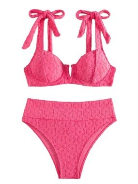 New Hot Pink terry cloth High-Waist Bikini Set